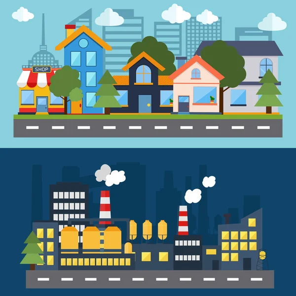 Conjunto de banderas de vida urbana de paisaje y ciudad de color — Vector de stock