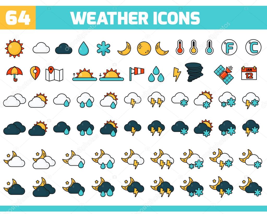 64 color weather icons with sun, moon, clouds and other