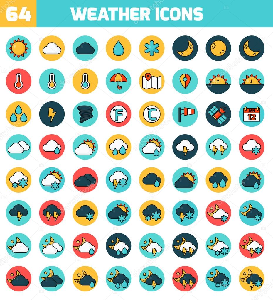 Set of colorful flat icons about the weather.
