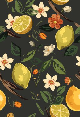 Koyu arka planda limon ve çiçeklerle en az kusursuz botanik deseni. Tekstil, duvar kağıdı, ambalaj ve markalaşma tasarımı için ideal.