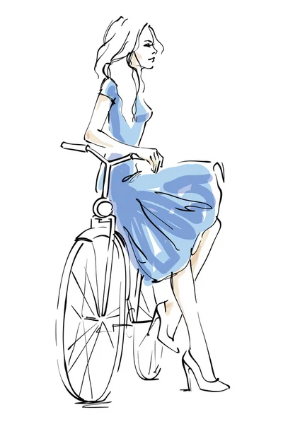 Ragazza in un abito blu in bicicletta — Vettoriale Stock