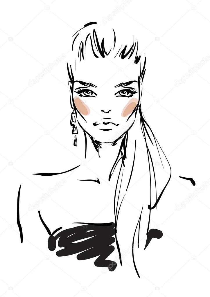 Beautiful Young Woman In Modern Style Hand Drawn Stylish Woman Portrait  Fashion Lady Festive Outfit Sketch Fashion Model Posing In Dress Hand  Drawn Fashion Woman Royalty Free SVG Cliparts Vectors and Stock