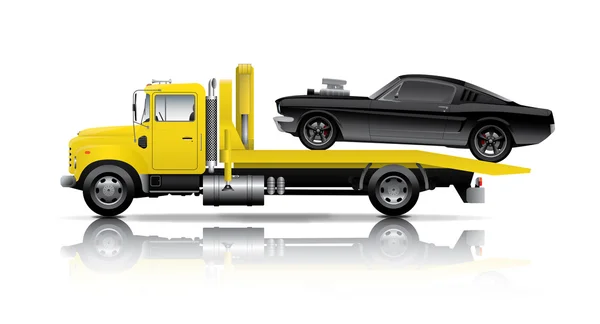 Yellow truck towing black muscle car — Stock Vector