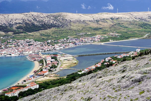 Vista Aérea Lagoa Mar Arenoso Pitoresca Cidade Pag Ilha Croata — Fotografia de Stock