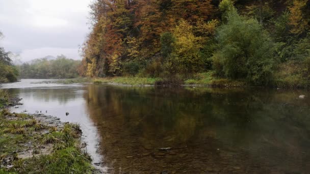 Φθινόπωρο Τοπίο Του Ποταμού Βουνού Στην Ομίχλη — Αρχείο Βίντεο