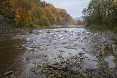 Dağ nehrinin sisli sonbahar manzarası