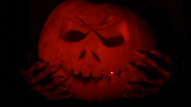 Scary Hands Touch Pumpkin Jack — Stock Video