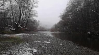 Karla kaplı bir dağ nehrinin gece manzarası