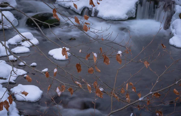 Повний Водоспад Карпатських Горах Під Час Снігопаду — стокове фото