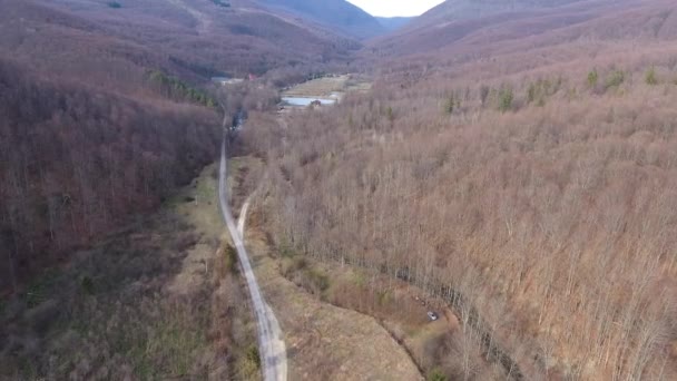 Flygfoto Fjäder Bergsflod Nära Väg Karpaterna — Stockvideo