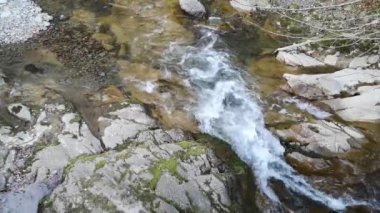 Baharda gün batımında bir dağ nehrinin manzarası