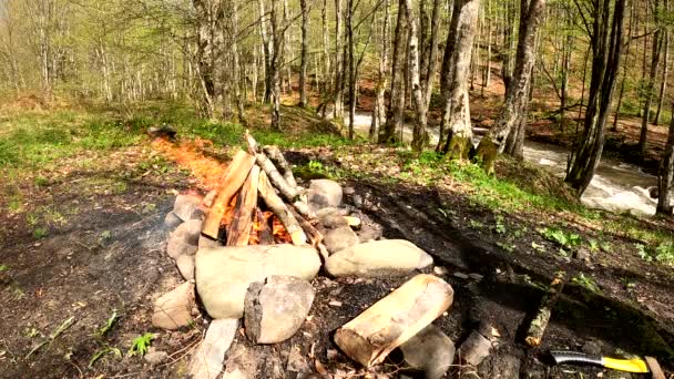 Foc Foc Malul Unui Râu Primăvară Munte — Videoclip de stoc