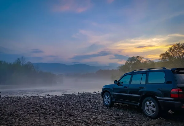 Spring Foggy Evening Mountain River Suv — Stock Photo, Image
