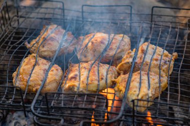 Dağ ormanında ateş üstünde tavuk pişirmek.