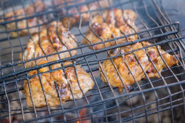 Dağ ormanında ateş üstünde tavuk pişirmek.