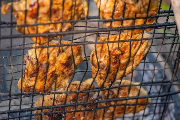 Csirkét Főzni Tűz Felett Egy Hegyi Erdőben — Stock Fotó