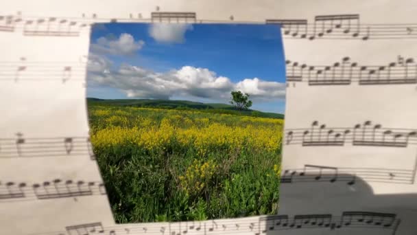 Paisaje Soleado Primavera Través Papel Con Notas Musicales Impresas — Vídeo de stock