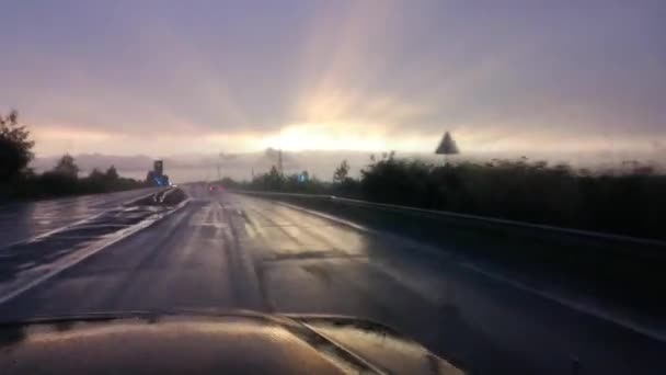 Roader Drives Road Rainy Day Hour Beautiful Sunset — Stock Video