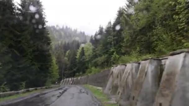 Ein Geländewagen Fährt Einem Regentag Den Karpaten — Stockvideo