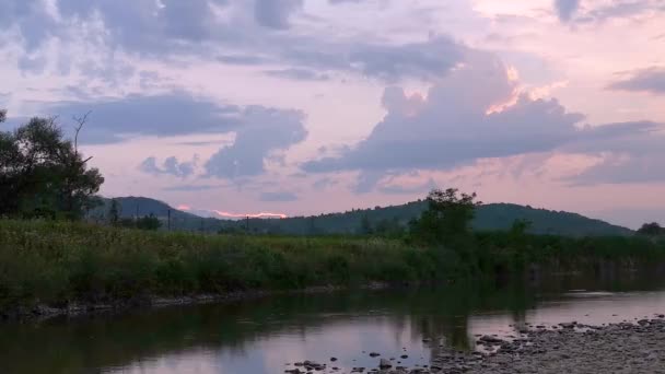 Flug Eines Storchs Abend Über Einen Gebirgsfluss — Stockvideo