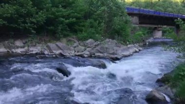 Köprüden geçen bir tren ile engebeli bir dağ nehri