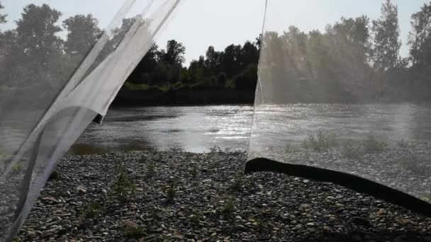 Uitzicht Bergrivier Vanuit Tent — Stockvideo