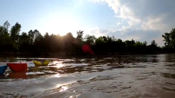 Papierschiff Fährt Auf Einem Gebirgsfluss — Stockvideo