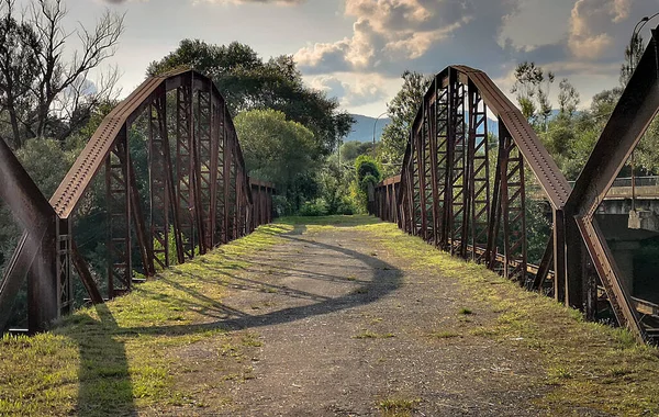 Krajobraz Opuszczonego Żelaznego Mostu Nad Górską Rzeką — Zdjęcie stockowe