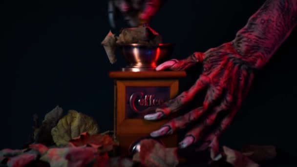 怪物の爪はコーヒーグラインダーの上に落ちた葉を粉砕 — ストック動画