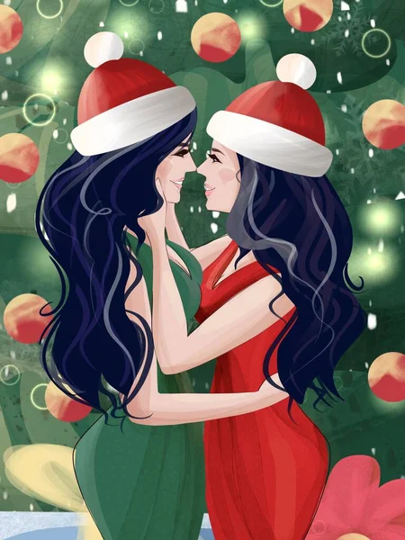 Donne Lesbiche Baciano Illustrazione Festiva Famiglia Lgbt Vacanza Natale Illustrazione — Foto Stock