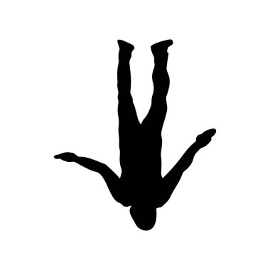 Beyaz arka planda izole edilmiş uçuş vektörü silueti çizimi paraşütçüsü. Sigorta riski kavramı. Zıplayan adam. Hava dalışı akrobasisi. Askeri hava boşaltımı. Hava kuvvetleri. Hava indirme askeri.