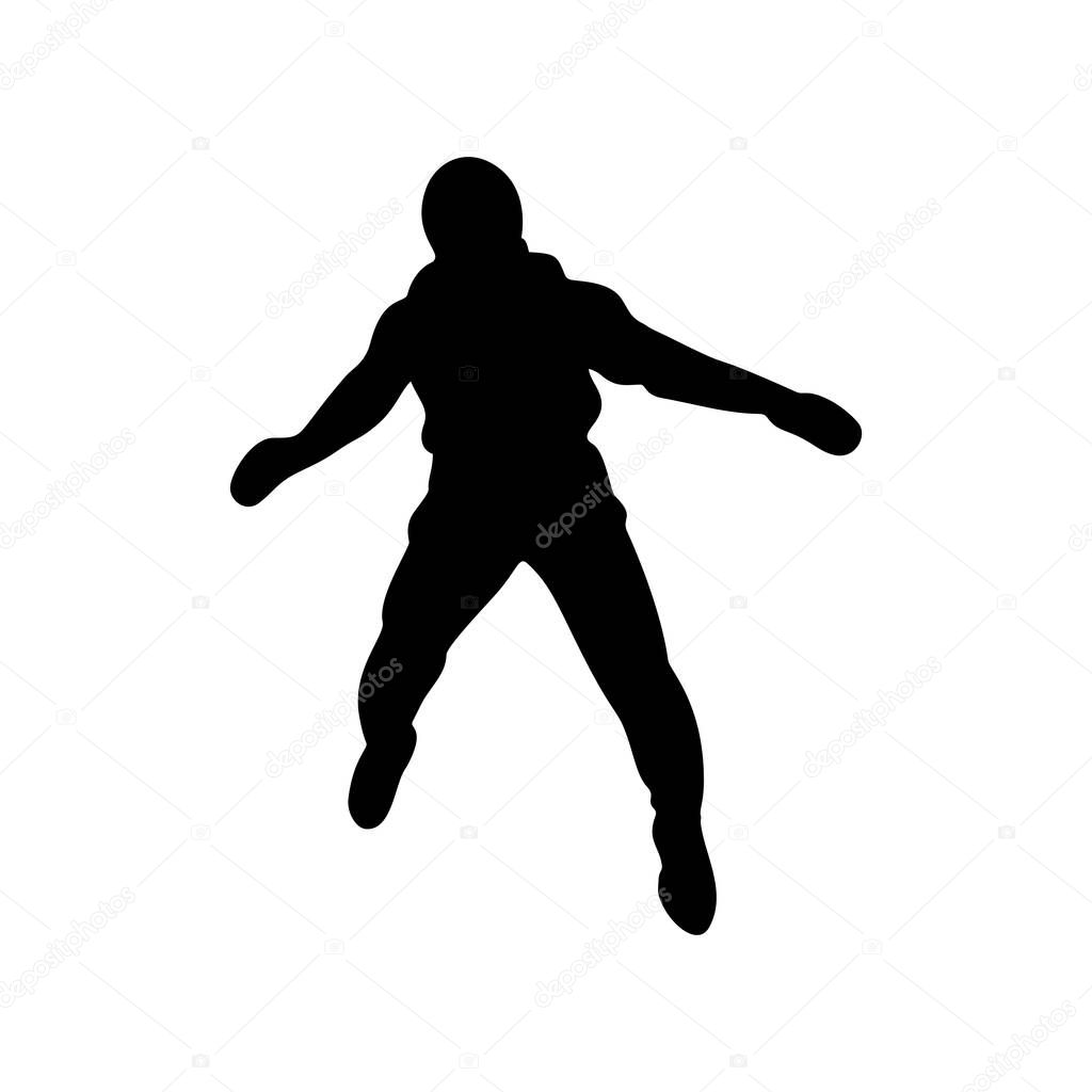 Parachutist in flight vector silhouette illustration isolated on white background. Insurance risk concept. Man in air jump. Skydiver acrobatics. Military air desant. Airborne force. Airdrop soldier.