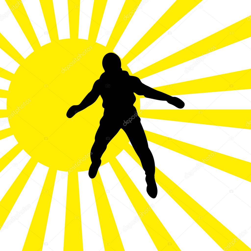 Parachutist against the sun in flight vector silhouette illustration isolated on white background. Insurance risk concept. Man in air jump. Skydiver acrobatics. Military air desant. Airborne force. Airdrop soldier.