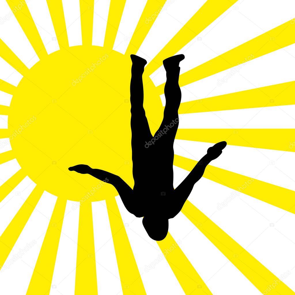 Parachutist against the sun in flight vector silhouette illustration isolated on white background. Insurance risk concept. Man in air jump. Skydiver acrobatics. Military air desant. Airborne force. Airdrop soldier.