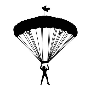 Beyaz arka planda izole edilmiş uçuş vektörü silueti çizimi paraşütçüsü. Sigorta riski kavramı. Zıplayan adam. Hava dalışı akrobasisi. Askeri hava boşaltımı. Hava kuvvetleri. Hava indirme askeri.