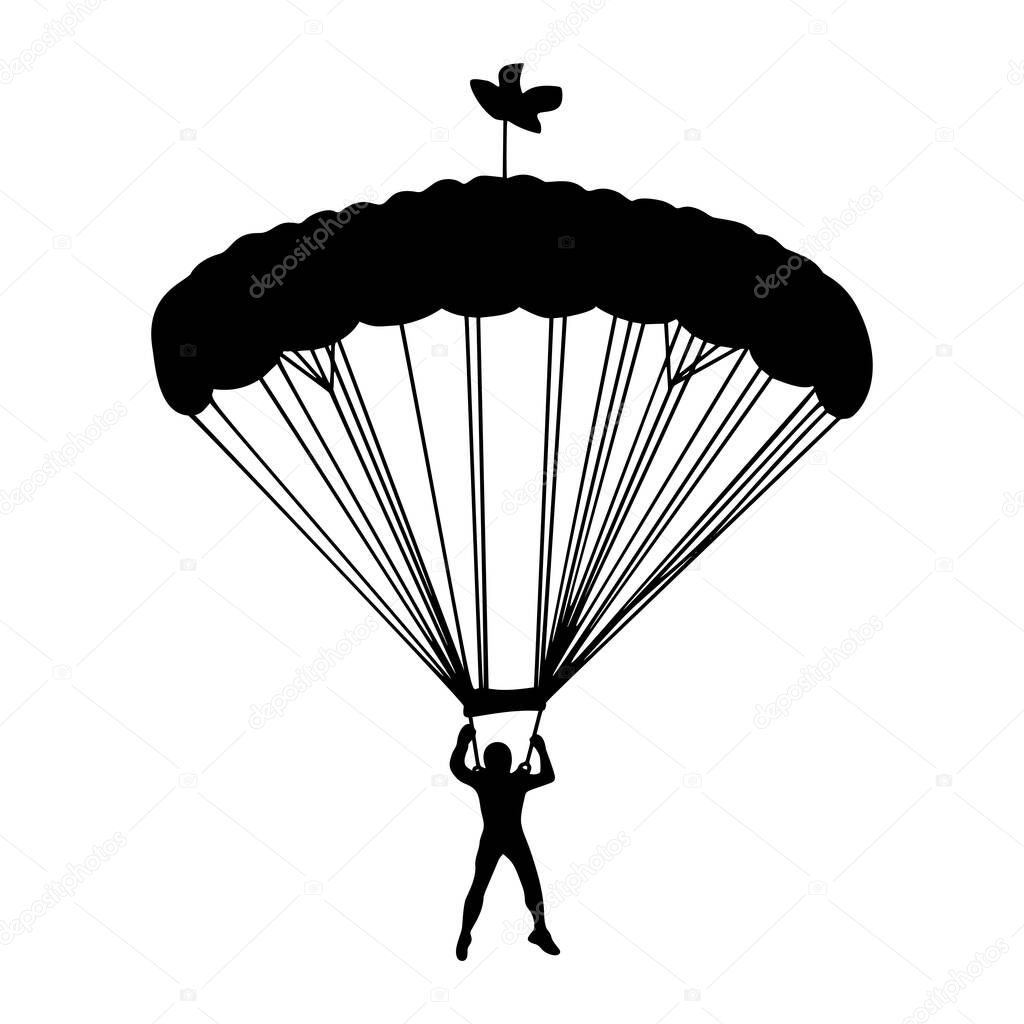 Parachutist in flight vector silhouette illustration isolated on white background. Insurance risk concept. Man in air jump. Skydiver acrobatics. Military air desant. Airborne force. Airdrop soldier.