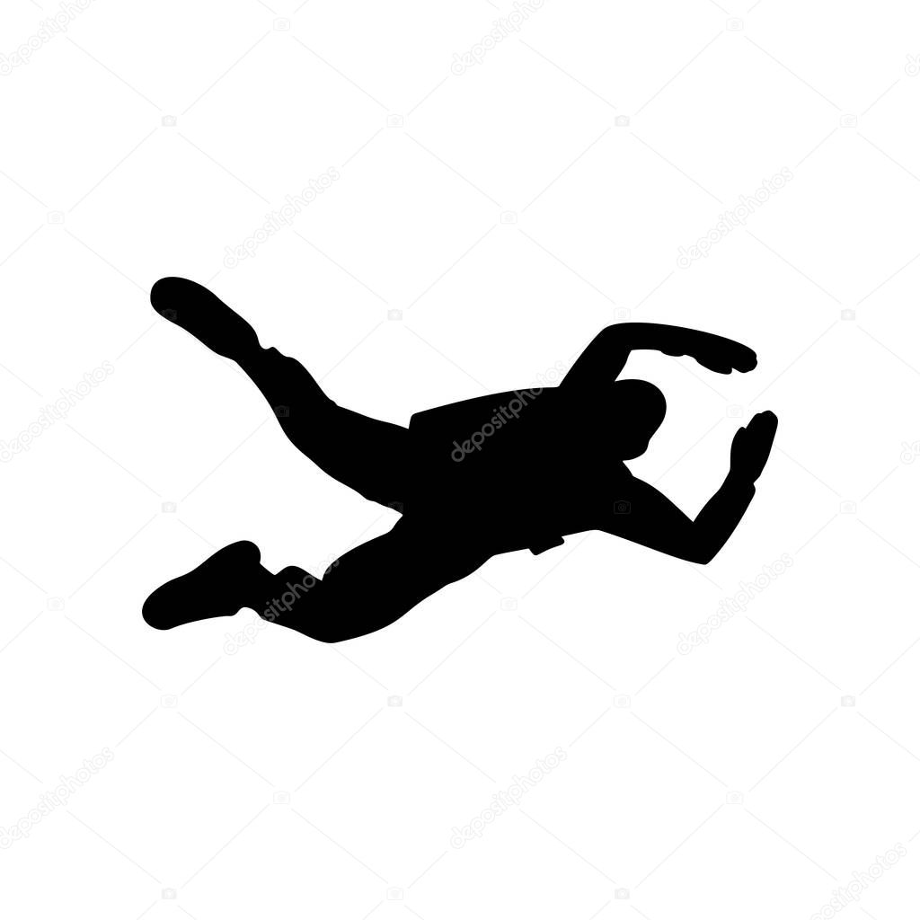 Parachutist in flight vector silhouette illustration isolated on white background. Insurance risk concept. Man in air jump. Skydiver acrobatics. Military air desant. Airborne force. Airdrop soldier.