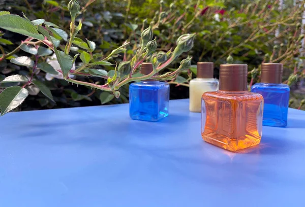 Міні Пляшки Косметичними Продуктами Синьому Фоні Листям Тінями Концепція Spa — стокове фото