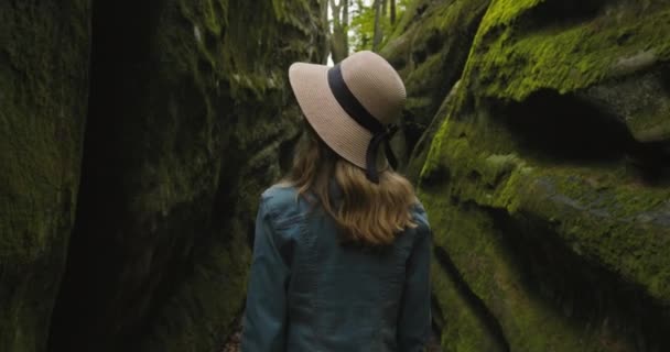 Eine Frau geht durch die Schlucht. Sie blickt auf die umgebende Natur. Wandern in den Bergen. 4K DCI — Stockvideo