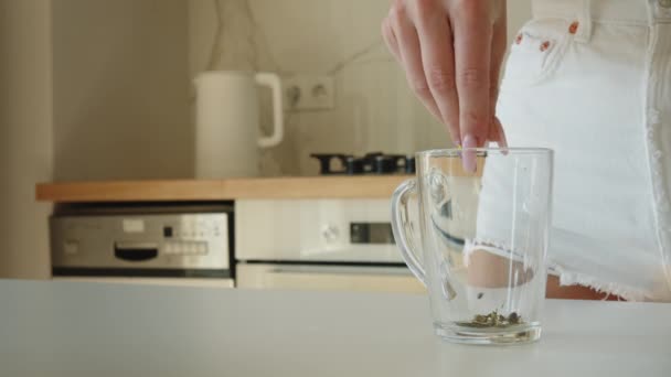 Close-up tiro de uma mulher está derramando chá em uma xícara. Ela está a apanhar a chaleira. 4K — Vídeo de Stock
