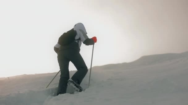 Eine junge Frau klettert den Hang eines schneebedeckten Berges hinauf. Sie hält sich an Trekkingstöcken fest. 4K — Stockvideo