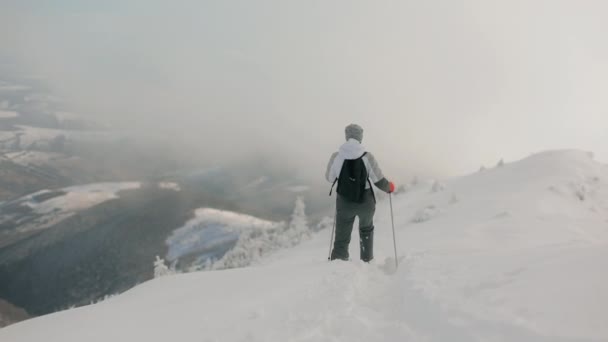 Een jonge vrouw loopt van een berg af. Ze probeert door de diepe sneeuw te lopen. In haar handen zitten wandelstokken. Berglandschap op de achtergrond. De berg Pikui. 4K — Stockvideo