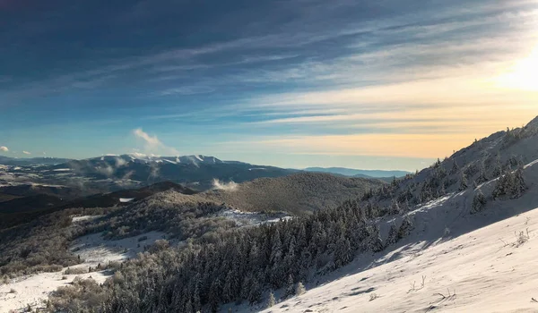 Karla kaplı dağların ve ormanların manzarası. Güneş parlıyor. Pikui Dağı.