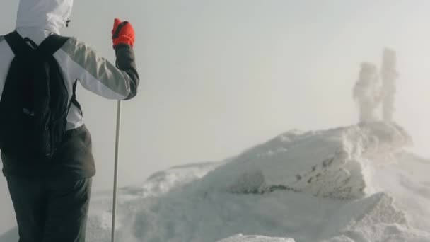 Eine junge Frau läuft auf dem Gipfel eines schneebedeckten Berges. Es weht starker Wind und es schneit. Mount Pikui. 4K — Stockvideo