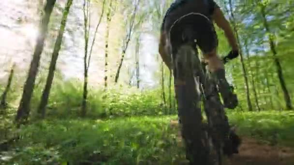 Un ciclista sta cavalcando attraverso la foresta. Sta pedalando velocemente. Indossa l'attrezzatura da ciclismo. La telecamera si muove intorno a lui. 4K 50fps — Video Stock