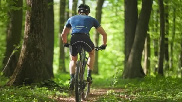 Чоловік на велосипеді їде лісовою стежкою. Він у велосипедному спорядженні. Стрілянина ззаду. 4K 50 кадрів в секунду — стокове відео