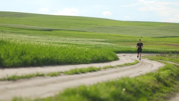 Mladý sportovec běží rychle po polní cestě. Trénuje, aby se udržel ve formě. Pole se zelenou trávou v pozadí. Běží přímo ke kameře. 4K — Stock video