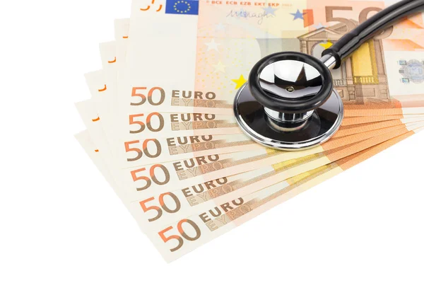 Parte del estetoscopio profesional de los billetes en euros — Foto de Stock