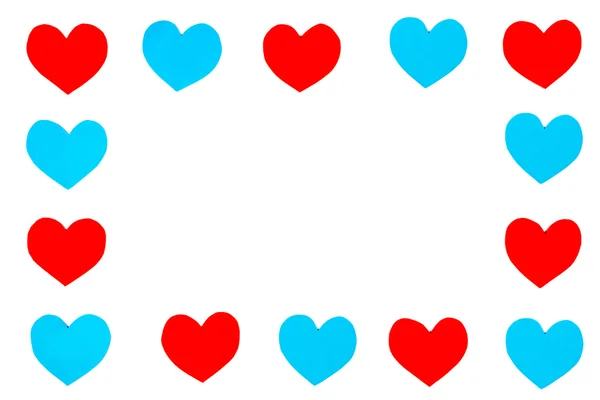 Marco de corazones de papel rojo y azul con espacio de copia — Foto de Stock