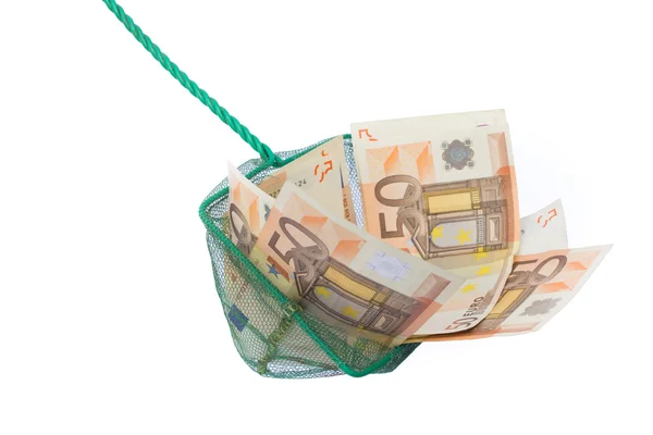 Red de pesca llena de billetes en euros — Foto de Stock